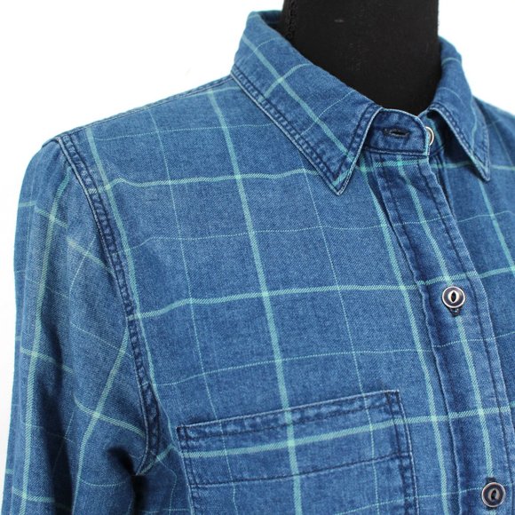 Faherty Windowpane Cotton Shirt Indigo Blue Green Plaid Button-Up Small - Picture 3 of 7